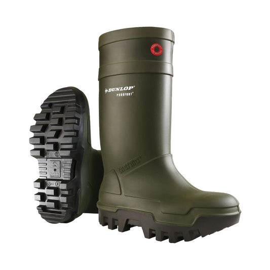 Dunlop Purofort Thermo+ S5 skyddsstövel i olivgrön PU för mjölkstall och lantbruk