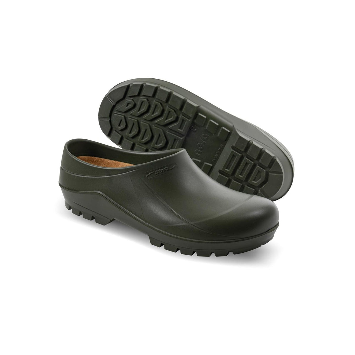 nora PU Clogs COMFY i olivgrön polyuretan för stall, lantbruk och gårdsarbete. Olivgrön