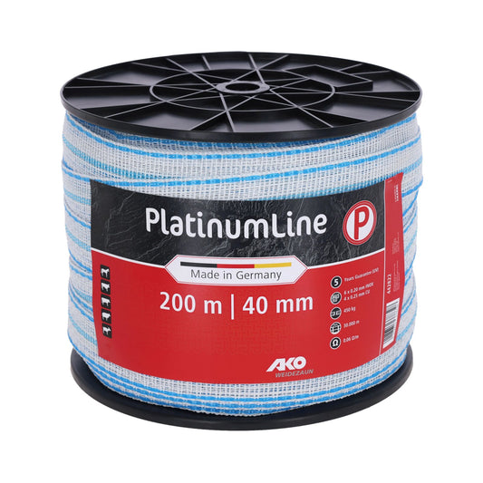 Elband PlatinumLine 40 mm Vit/Blå 200 m för elstängsel till hästhage
